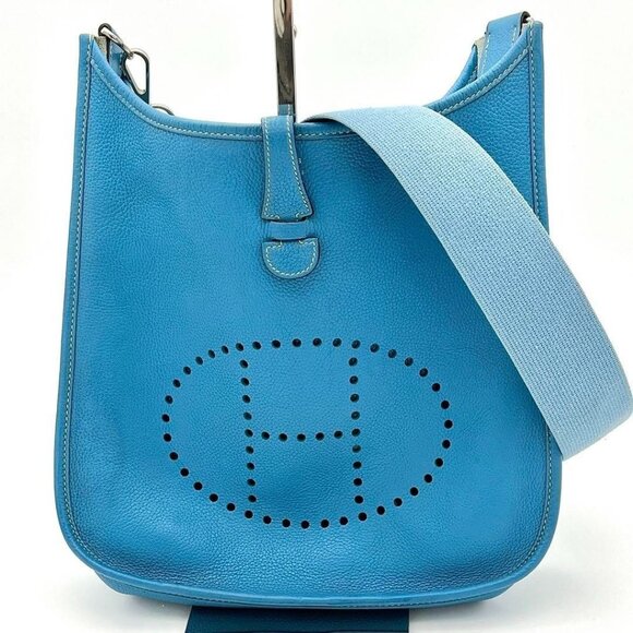 Authentic HERMES Evelyn PM I Blue Jean Clemence Leather Shoulder Bag
